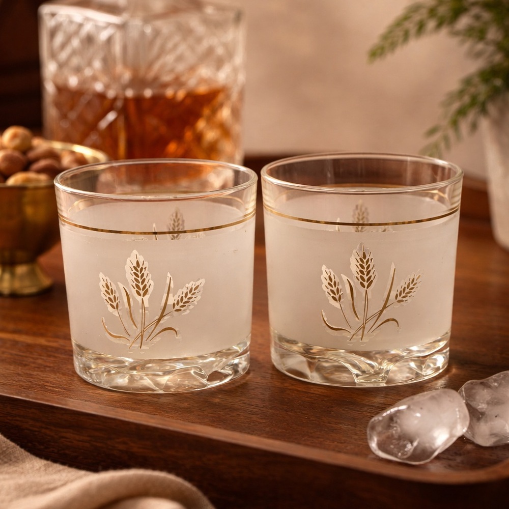 Vintage DeValBor Italy Frosted Glass Tumblers Set of 2 Gold Wheat Barware